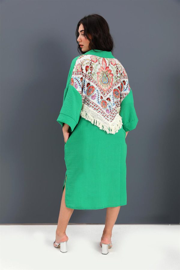 Kimono Arkası Baskılı Püsküllü Keten - Yeşil - Görsel 4