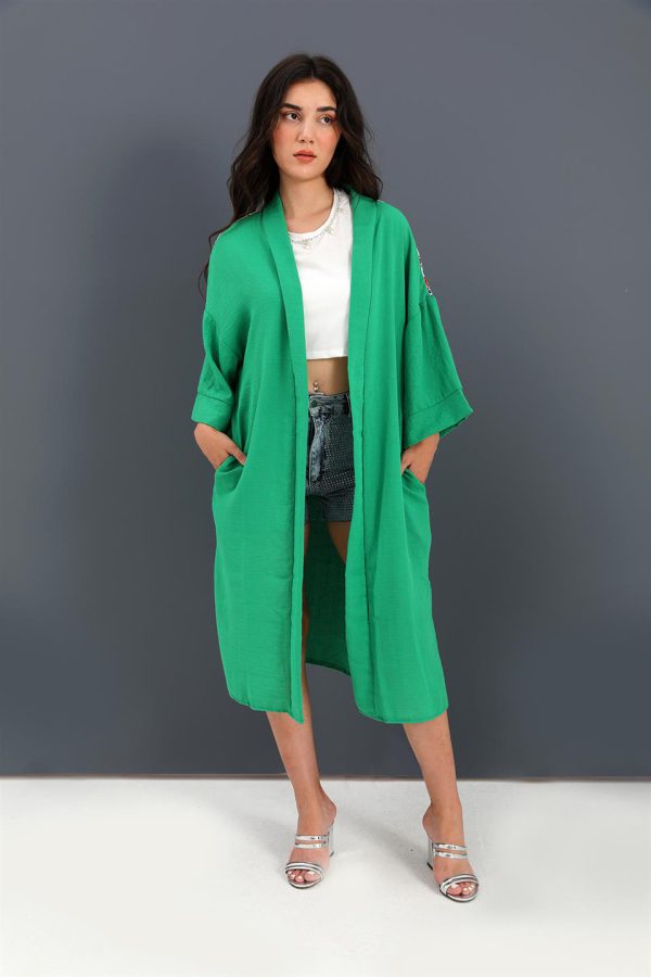Kimono Arkası Baskılı Püsküllü Keten - Yeşil - Görsel 2