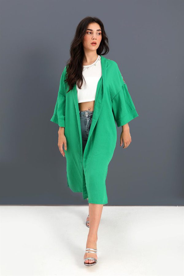 Kimono Arkası Baskılı Püsküllü Keten - Yeşil