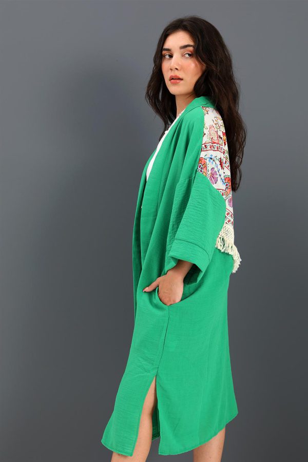 Kimono Arkası Baskılı Püsküllü Keten - Yeşil - Görsel 3