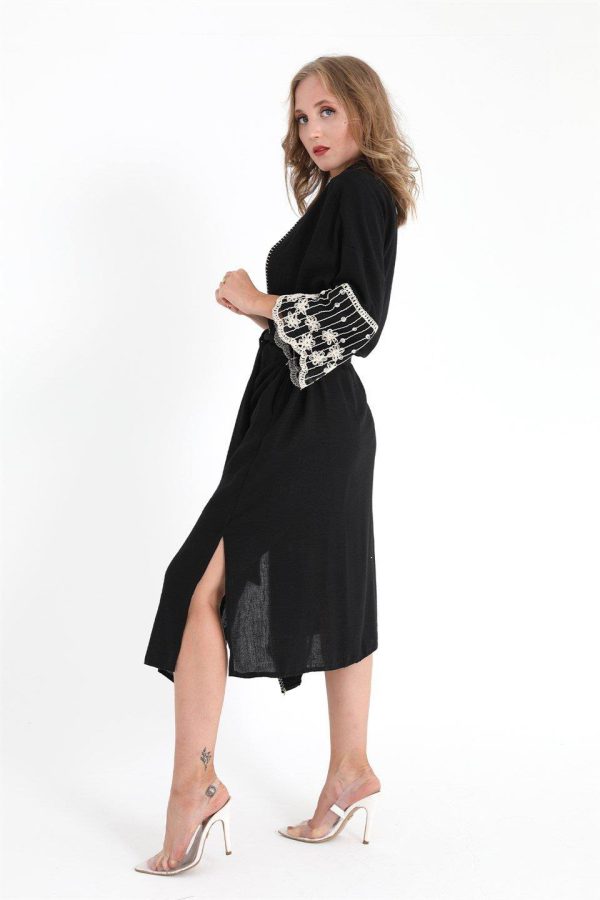 Kimono Dantelli Keten - Siyah - Görsel 4