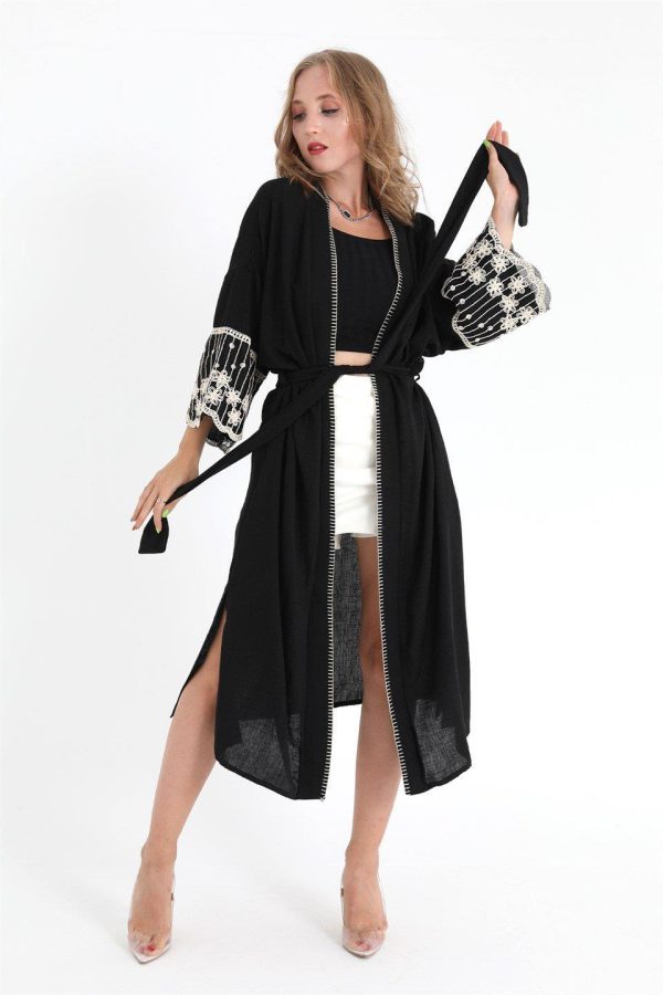 Kimono Dantelli Keten - Siyah