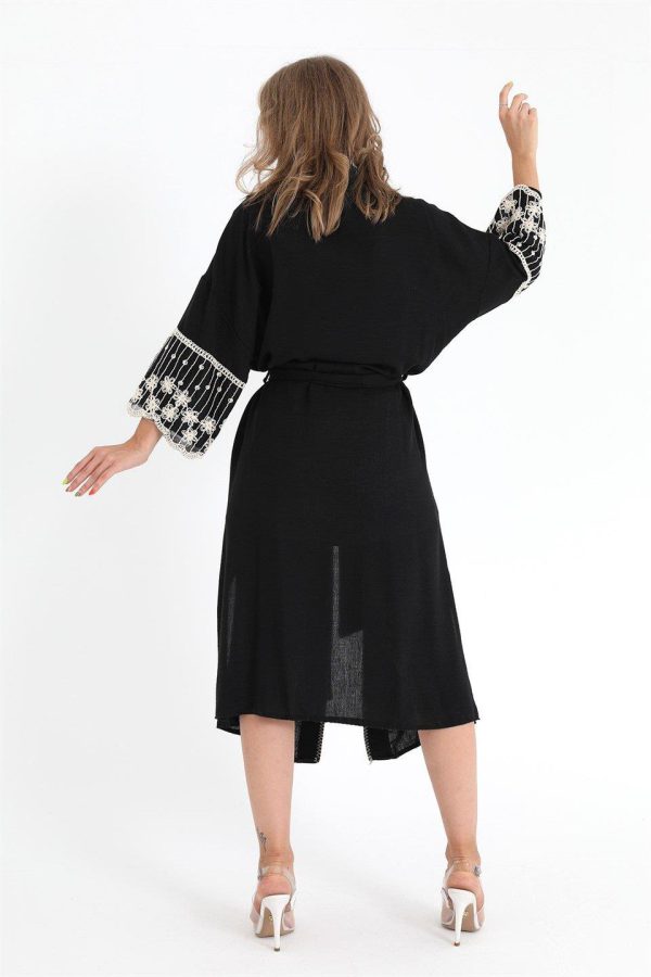 Kimono Dantelli Keten - Siyah - Görsel 6