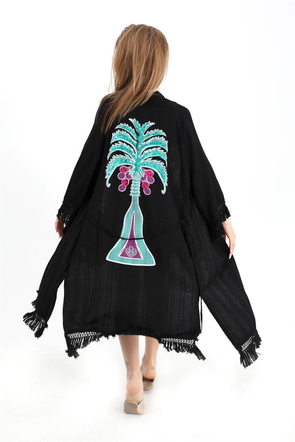 Kimono Palmiye Baskılı Püsküllü - Siyah - Görsel 5