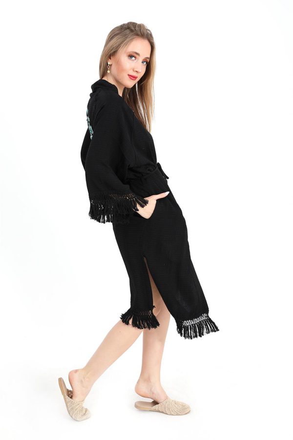 Kimono Palmiye Baskılı Püsküllü - Siyah - Görsel 4