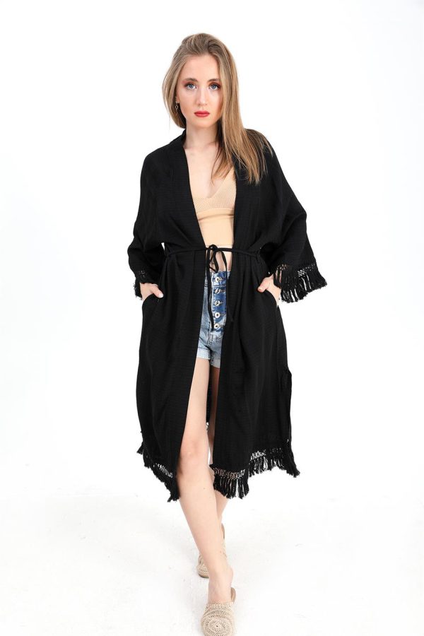 Kimono Palmiye Baskılı Püsküllü - Siyah - Görsel 2