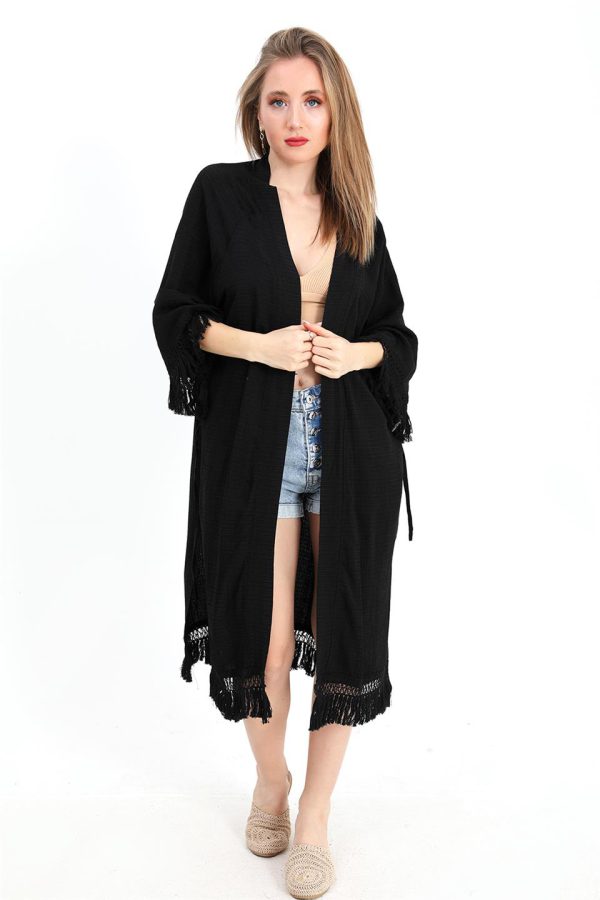 Kimono Palmiye Baskılı Püsküllü - Siyah - Görsel 3