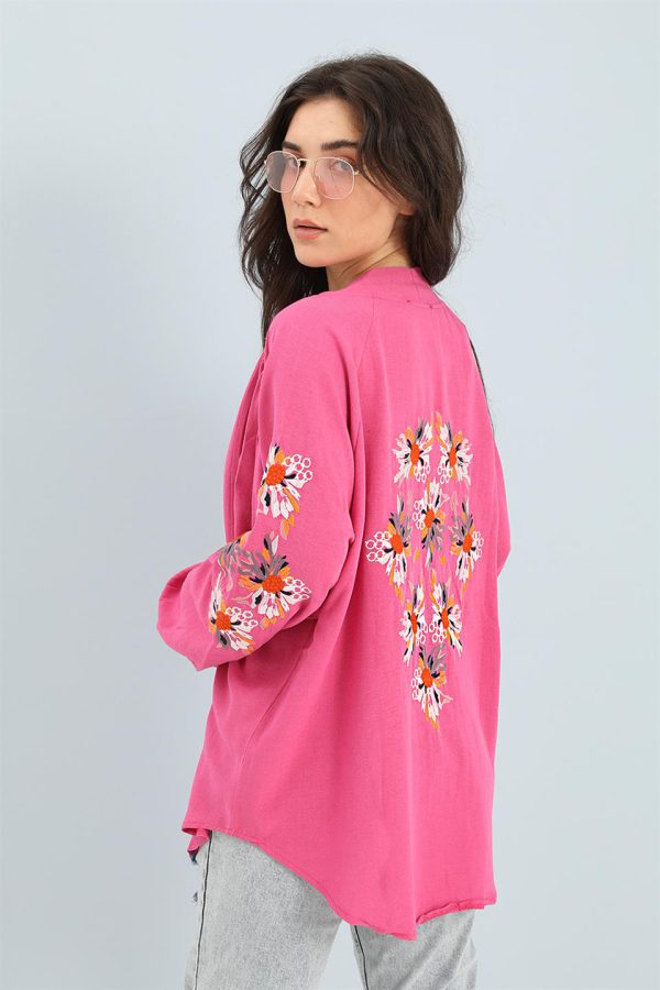 Kimono Reglan Kol Nakışlı Keten - Fuşya - Görsel 4
