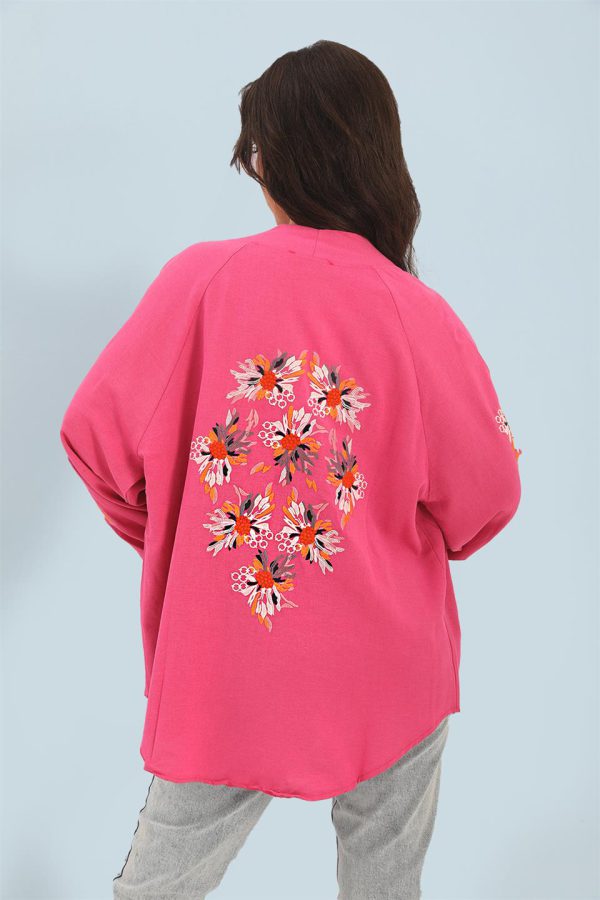 Kimono Reglan Kol Nakışlı Keten - Fuşya - Görsel 5