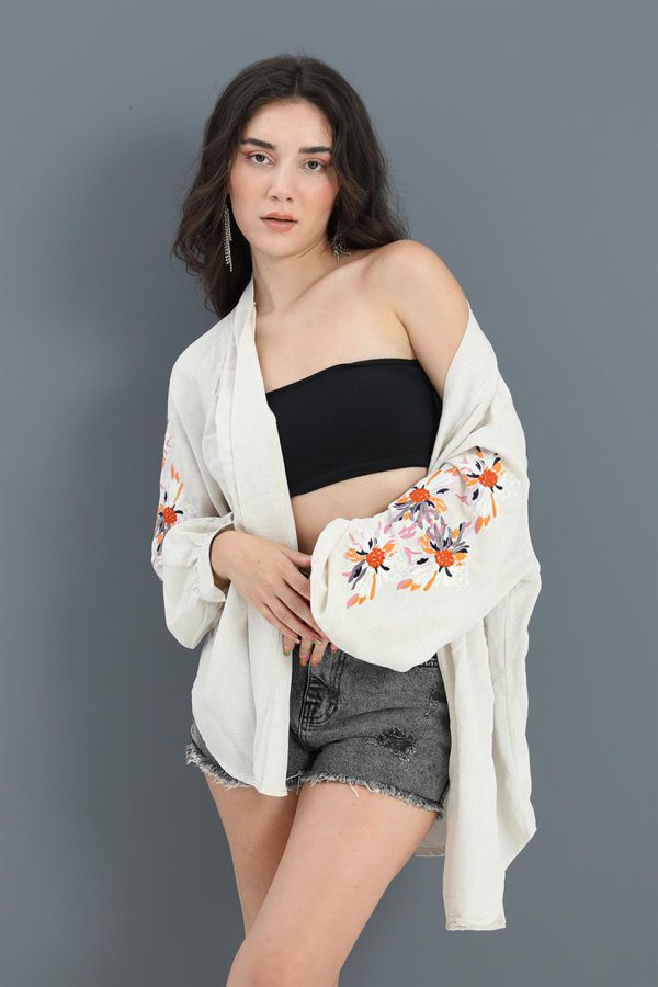 Kimono Reglan Kol Nakışlı Keten - Taş - Görsel 2