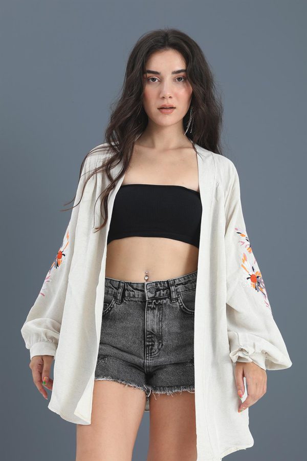 Kimono Reglan Kol Nakışlı Keten - Taş