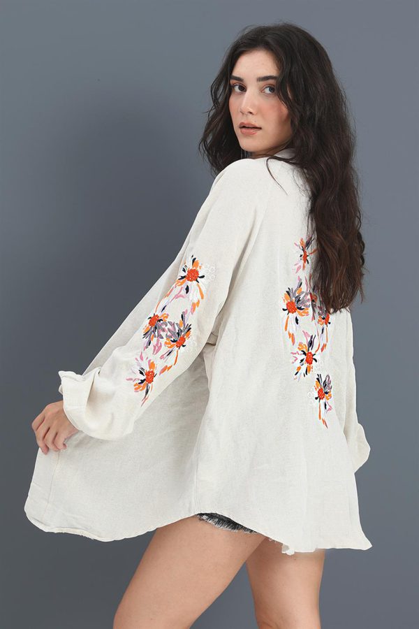 Kimono Reglan Kol Nakışlı Keten - Taş - Görsel 3