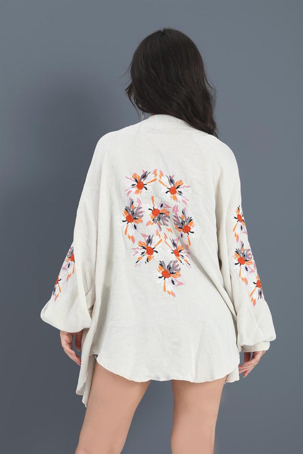 Kimono Reglan Kol Nakışlı Keten - Taş - Görsel 4