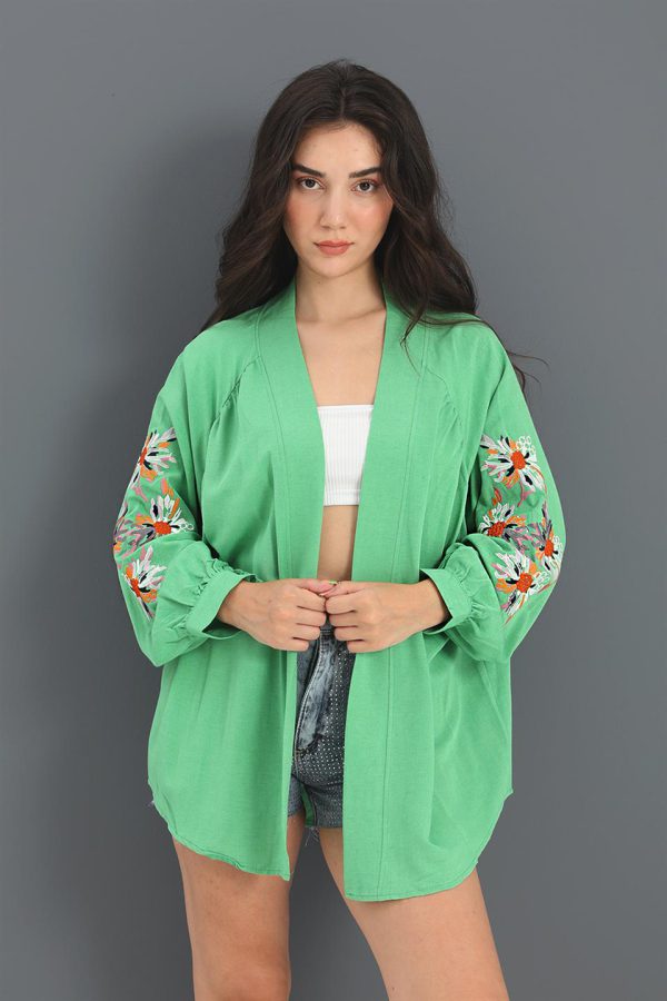 Kimono Reglan Kol Nakışlı Keten - Yeşil - Görsel 2
