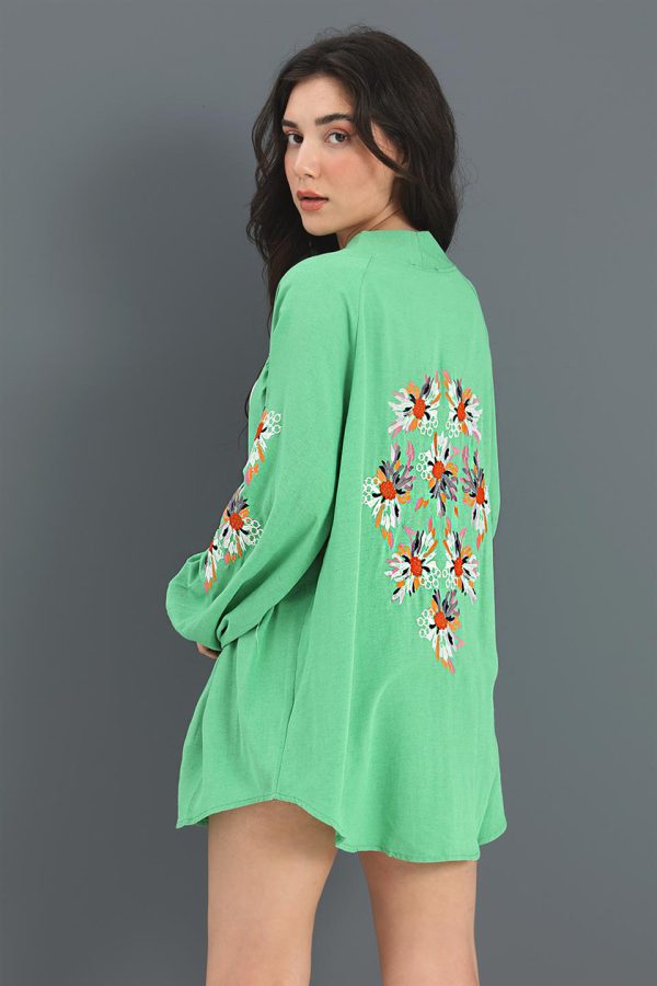 Kimono Reglan Kol Nakışlı Keten - Yeşil - Görsel 4