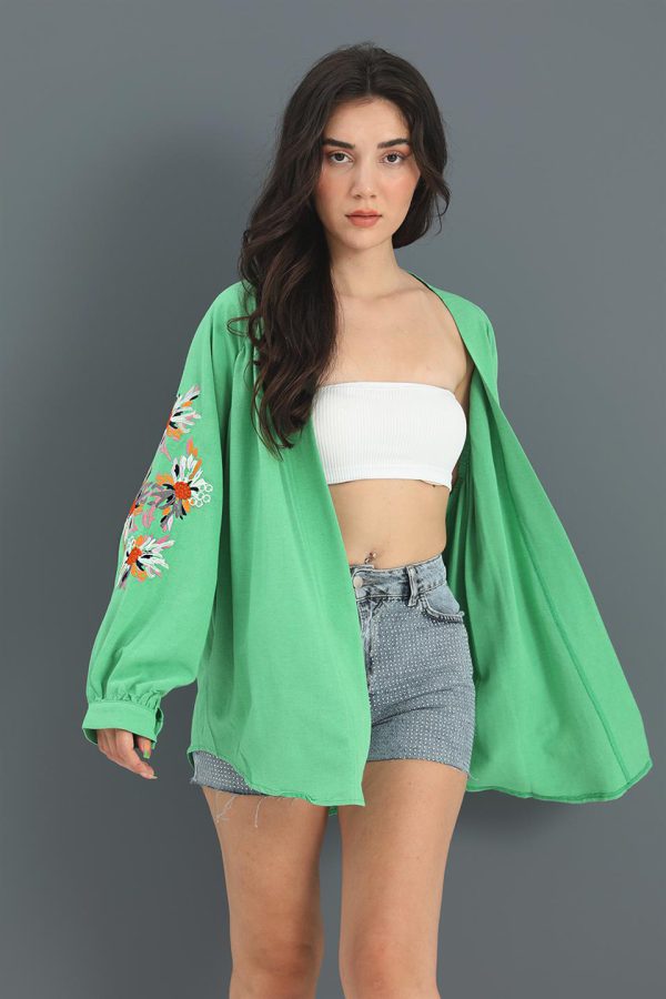 Kimono Reglan Kol Nakışlı Keten - Yeşil