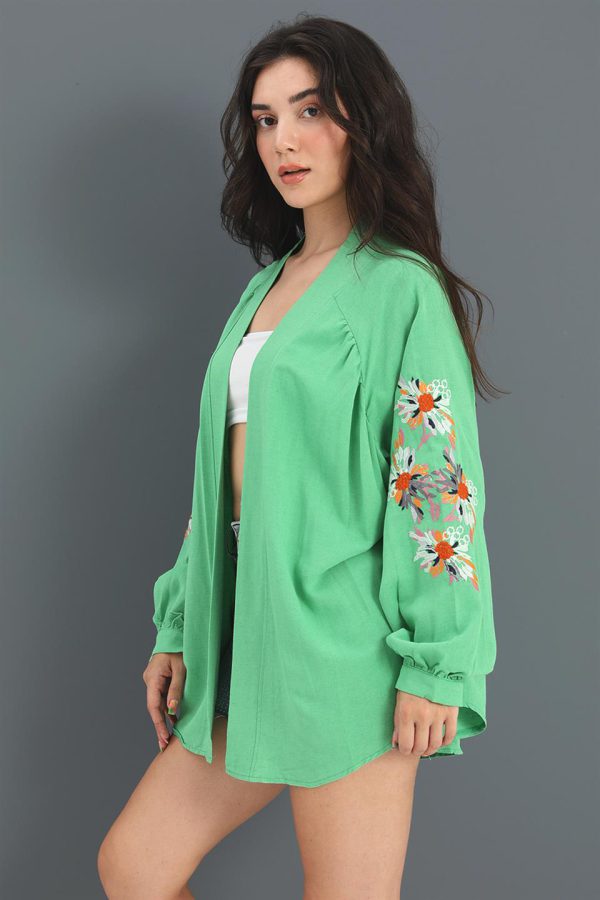 Kimono Reglan Kol Nakışlı Keten - Yeşil - Görsel 3