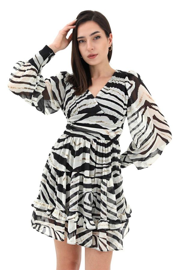 Korsaj Büzgülü Zebra Desen Elbise - Siyah - Görsel 5