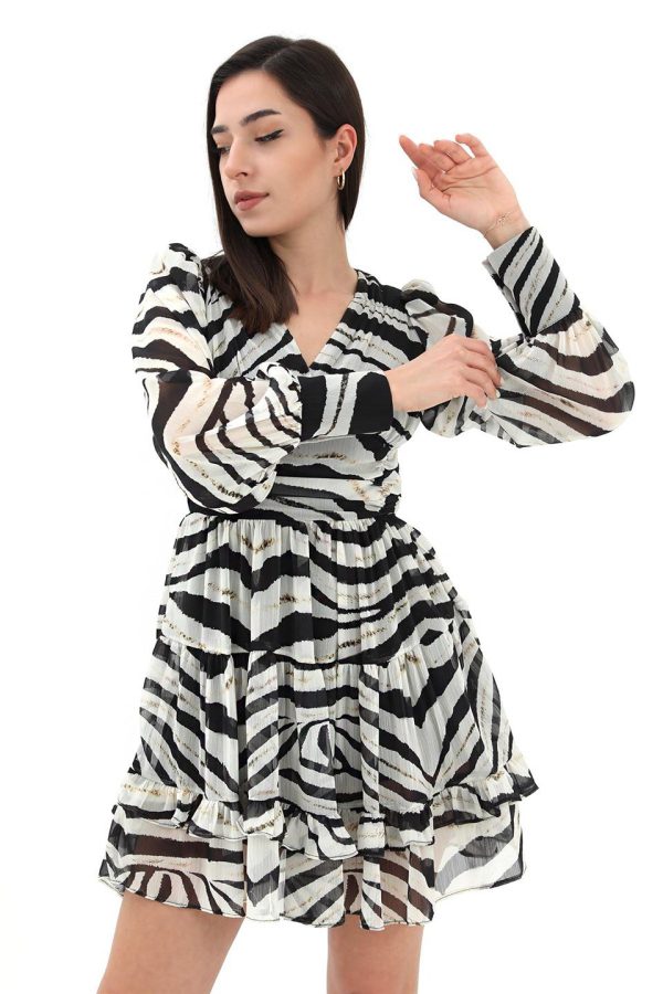 Korsaj Büzgülü Zebra Desen Elbise - Siyah - Görsel 3