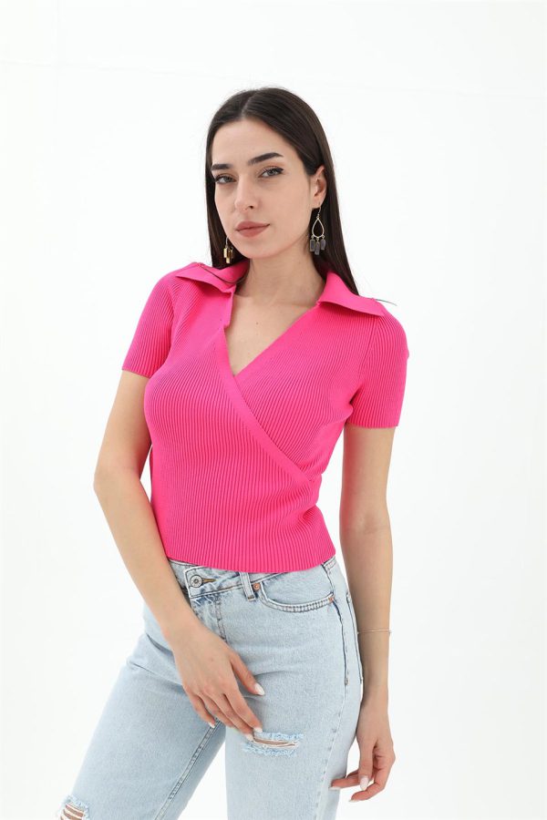 Kruvaze Polo Yaka Triko Kazak - Fuşya - Görsel 2