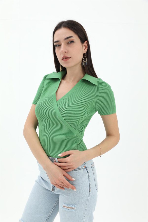 Kruvaze Polo Yaka Triko Kazak - Yeşil - Görsel 2
