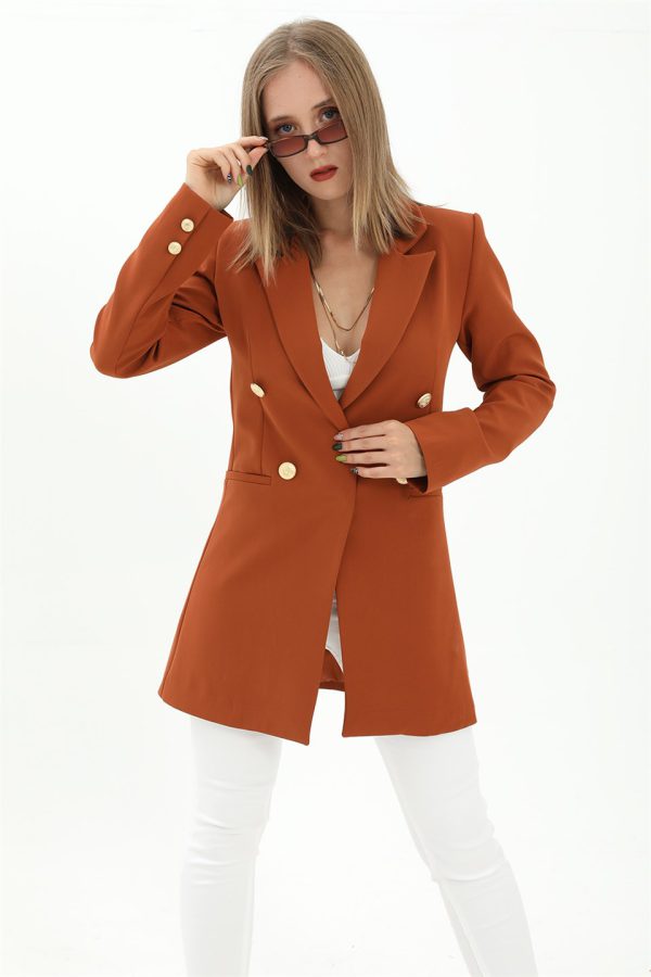 Omuzları Vatkalı Önü Çıtçıtlı Atlas Kumaş Kadın Blazer Ceket - Kiremit - Görsel 2