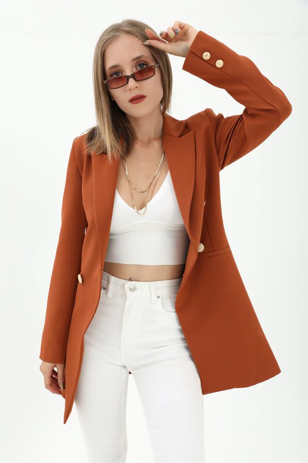 Omuzları Vatkalı Önü Çıtçıtlı Atlas Kumaş Kadın Blazer Ceket - Kiremit - Görsel 6