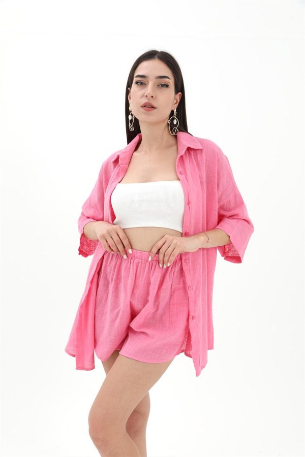 Pamuk Keten Şort Gömlek Kadın İkili Takım - Pembe