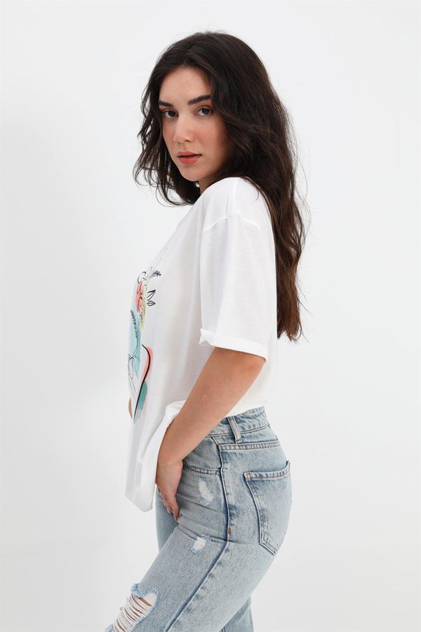 T-shirt Bisiklet Yaka Çiçek Desenli - Ekru - Görsel 2