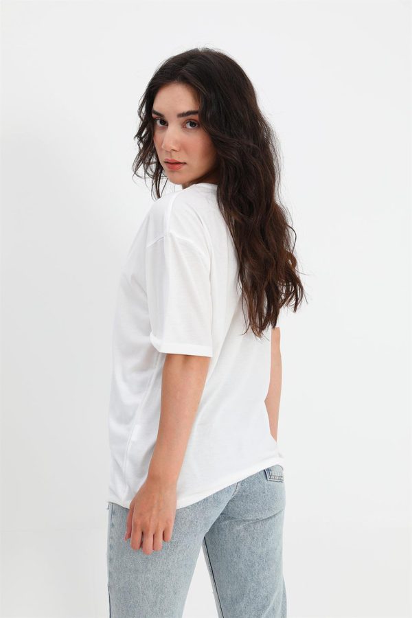 T-shirt Bisiklet Yaka Çiçek Desenli - Ekru - Görsel 3