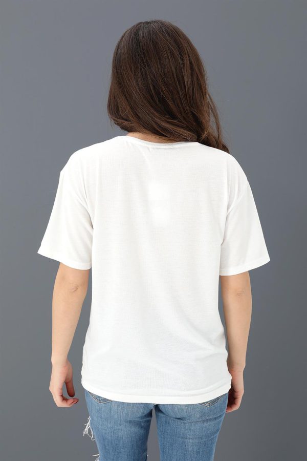 T-shirt Bisiklet Yaka Yaprak Baskılı - Ekru - Görsel 3