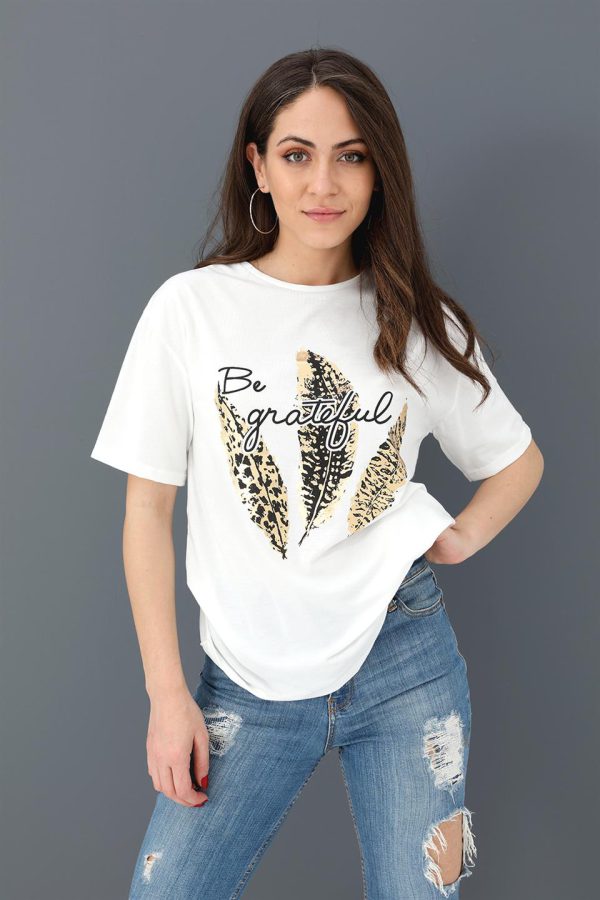 T-shirt Bisiklet Yaka Yaprak Baskılı - Ekru - Görsel 2