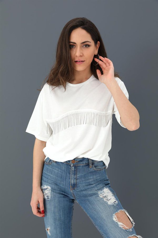 T-shirt Bisiklet Yaka Zincir Detaylı - Ekru - Görsel 3