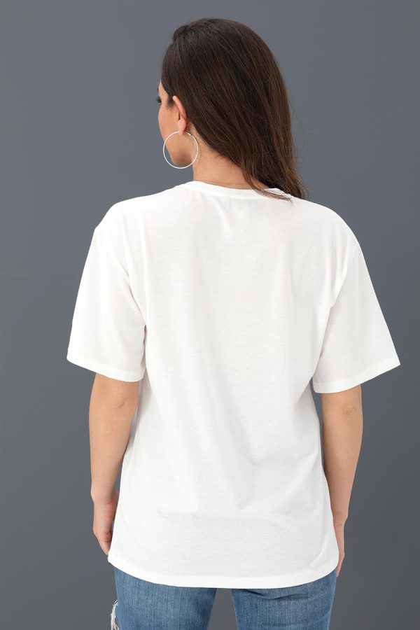 T-shirt Bisiklet Yaka Zincir Detaylı - Ekru - Görsel 4