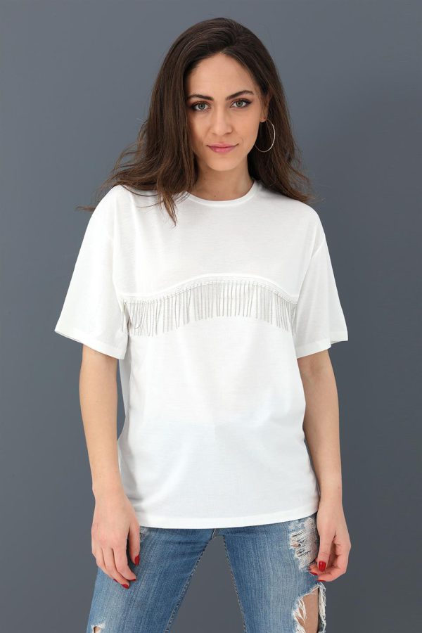 T-shirt Bisiklet Yaka Zincir Detaylı - Ekru - Görsel 2