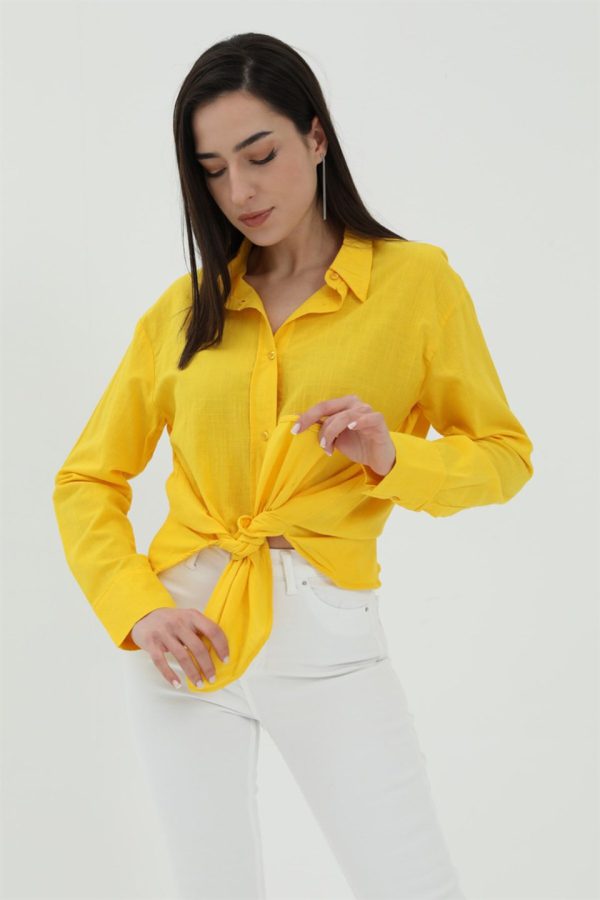 Uzun Kol Oversize Basic Gömlek - Sarı - Görsel 2