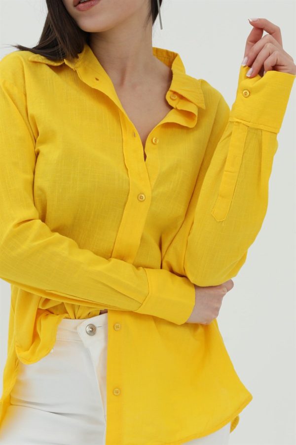 Uzun Kol Oversize Basic Gömlek - Sarı - Görsel 4