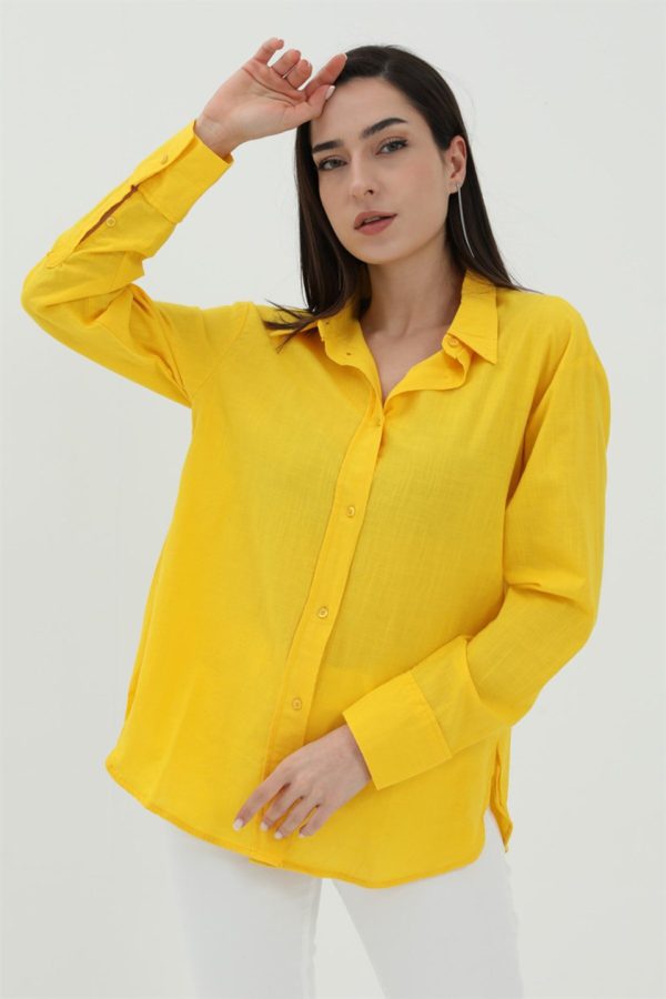 Uzun Kol Oversize Basic Gömlek - Sarı