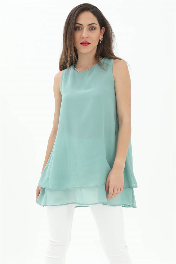 Uzun Şifon Kolsuz Bluz - Mint Yeşili - Görsel 2