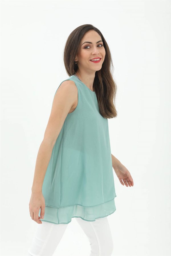 Uzun Şifon Kolsuz Bluz - Mint Yeşili