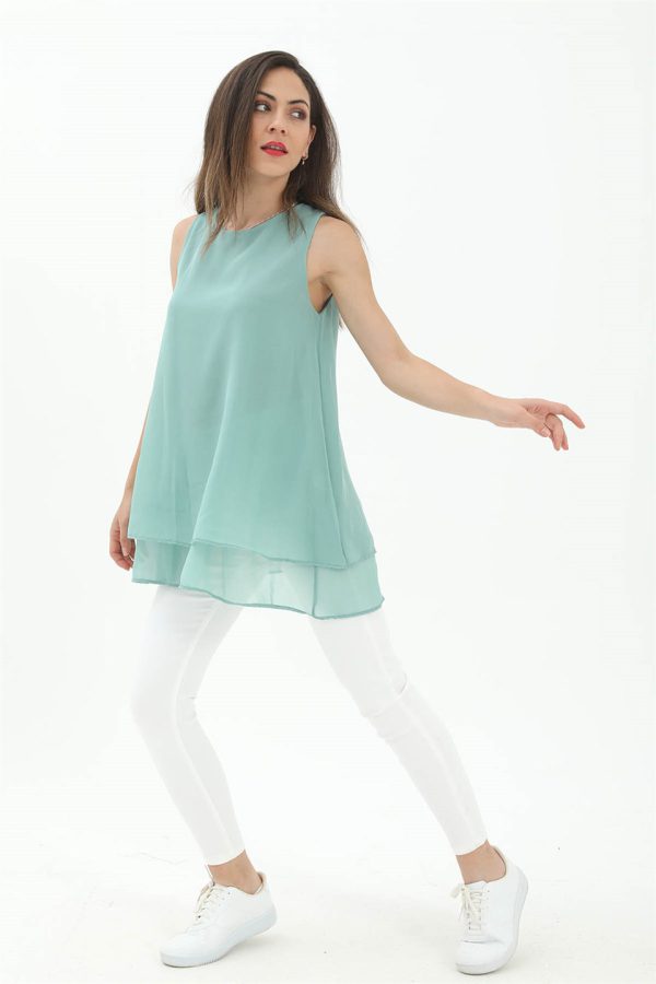 Uzun Şifon Kolsuz Bluz - Mint Yeşili - Görsel 3