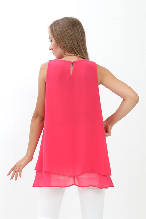 Uzun Şifon Kolsuz Bluz - Pembe - Görsel 5