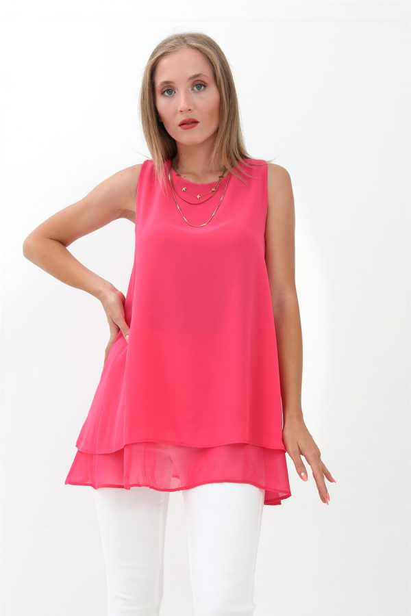 Uzun Şifon Kolsuz Bluz - Pembe - Görsel 2
