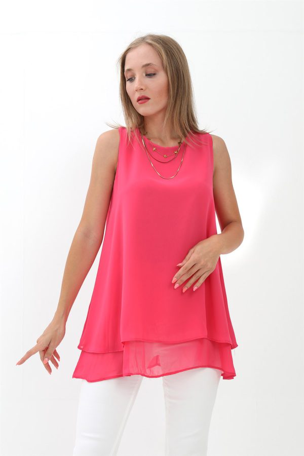 Uzun Şifon Kolsuz Bluz - Pembe - Görsel 3