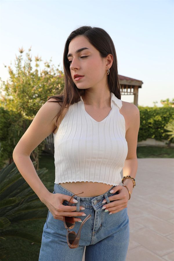 V Polo Yaka Atlet - Beyaz - Görsel 3