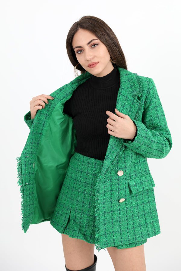 Yakası Püsküllü Düğmeli Tüvit Blazer Ceket - Yeşil - Görsel 4