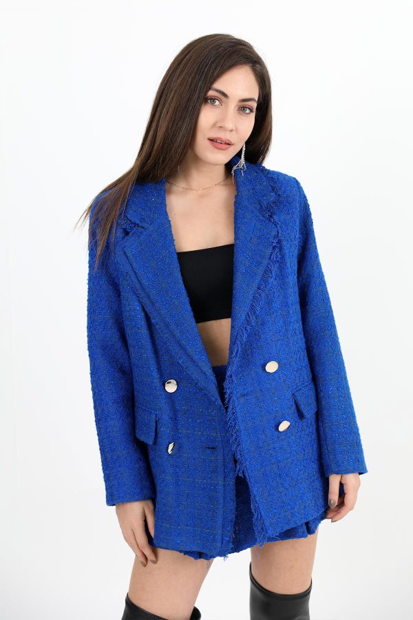 Yakası Püsküllü Düğmeli Tüvit Blazer Ceket - SaksMavisi - Görsel 3