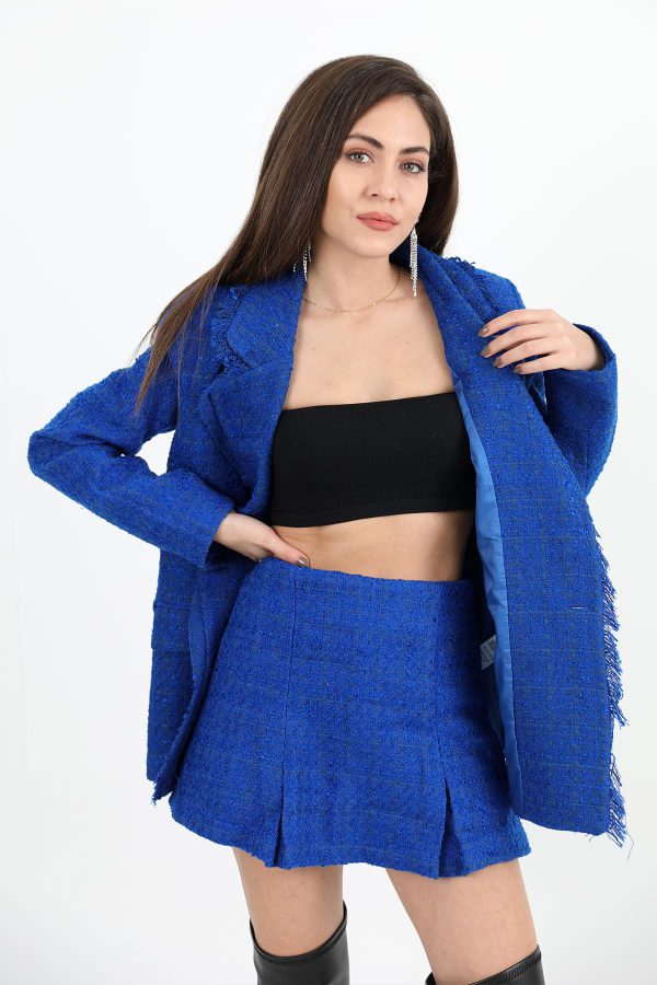 Yakası Püsküllü Düğmeli Tüvit Blazer Ceket - SaksMavisi - Görsel 4