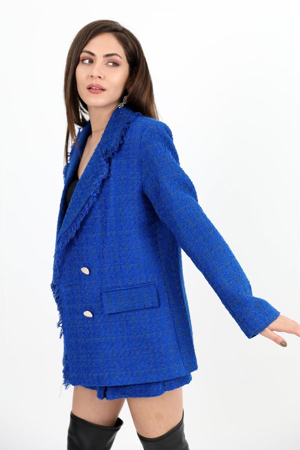 Yakası Püsküllü Düğmeli Tüvit Blazer Ceket - SaksMavisi - Görsel 5