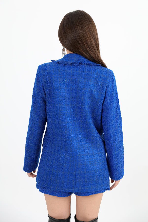 Yakası Püsküllü Düğmeli Tüvit Blazer Ceket - SaksMavisi - Görsel 6
